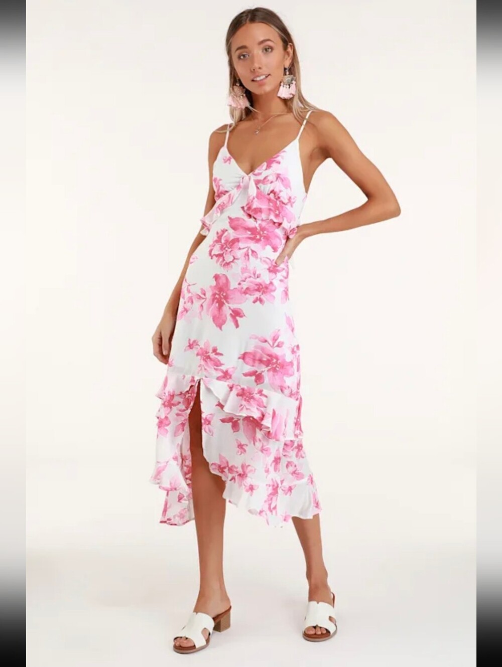 Lulus Womens Midi Dress Island Time Floral Print Ruffled Beachy Coquette Medium
